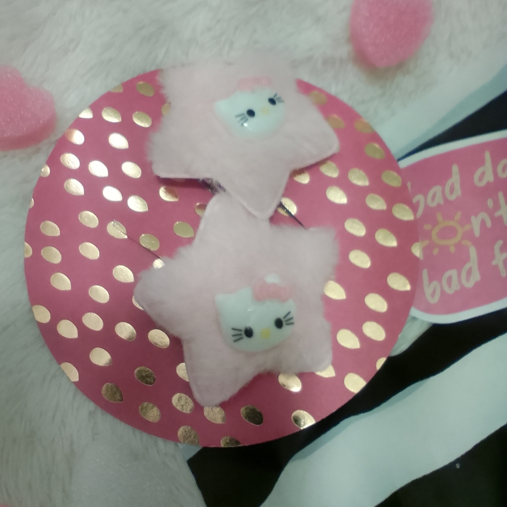 Hello Kitty Fur Hair Barrette Set  2-Piece Cute Kawaii Hair Clips  Sanrio